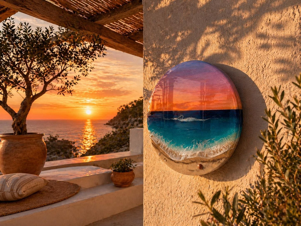 Small Sunset Ocean Resin Wall Art Round – Handmade Coastal Decor – 3D Beach Artwork – Epoxy Wave Gift 40CM