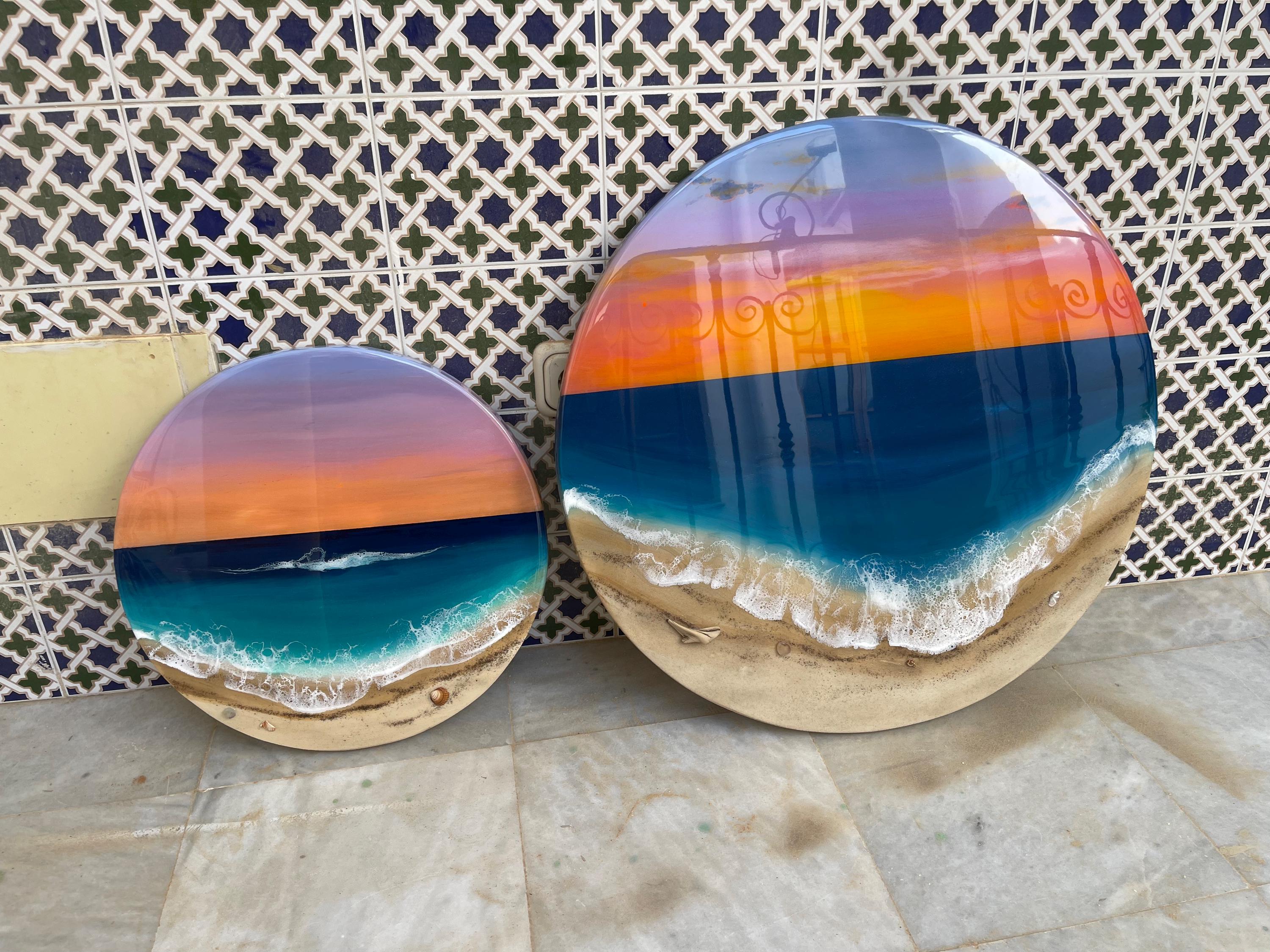 Small Sunset Ocean Resin Wall Art Round – Handmade Coastal Decor – 3D Beach Artwork – Epoxy Wave Gift 40CM