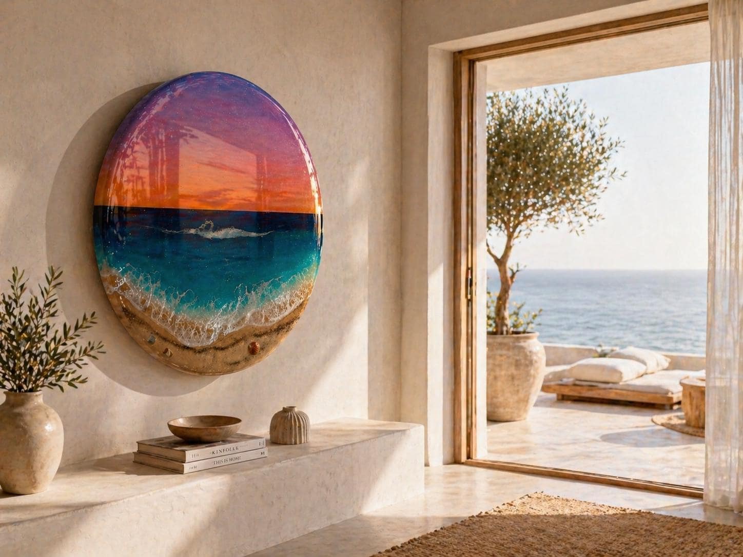 Sunset Ocean Resin Wall Art Round – 3D Coastal Beach Painting – Handmade Epoxy Wave – Statement Wall Decor 50CM