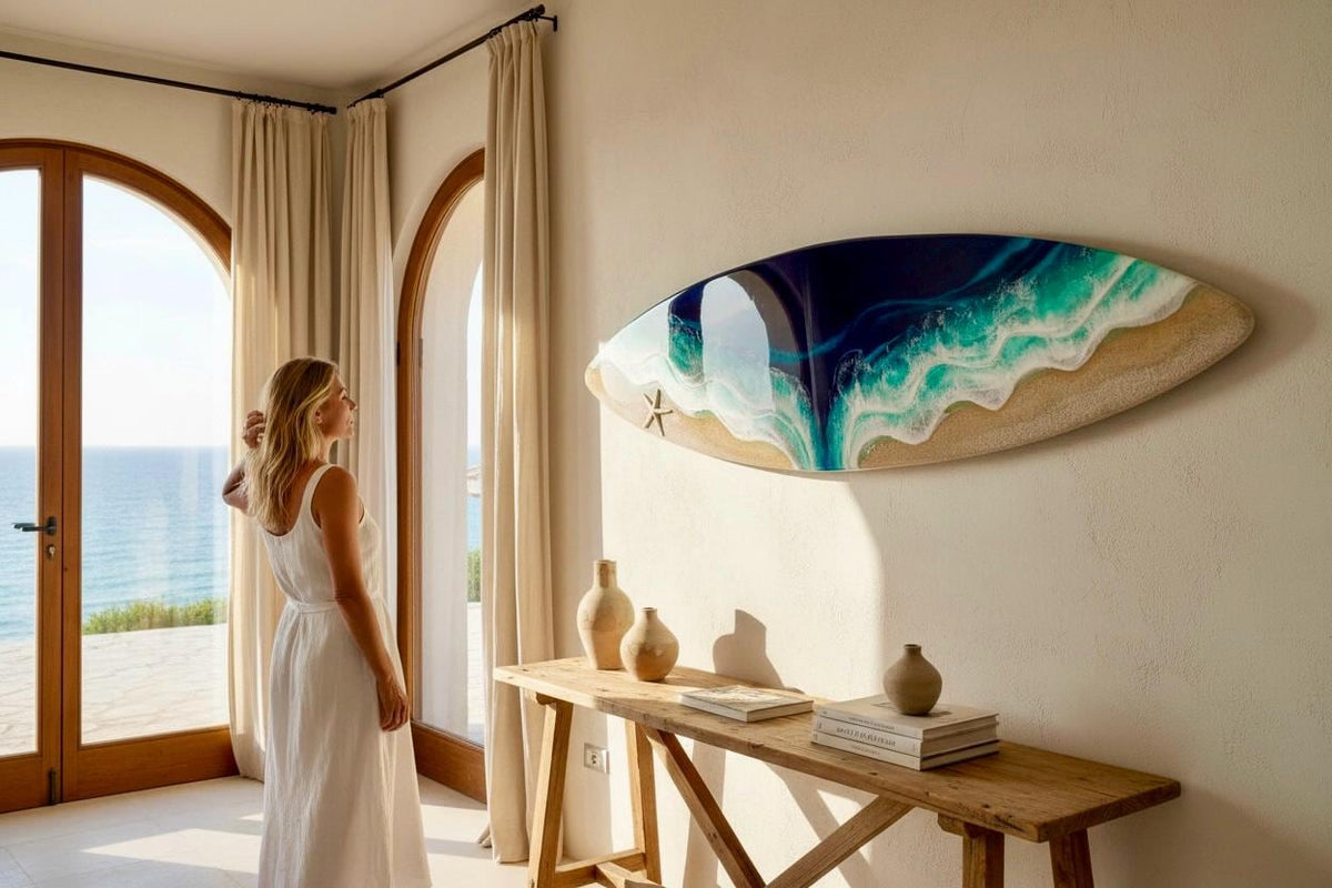 150cm Extra Large Resin Ocean Surfboard Wall Art | Luxury Coastal Decor | Handmade Beach House Artwork | Real Sand & Resin Waves