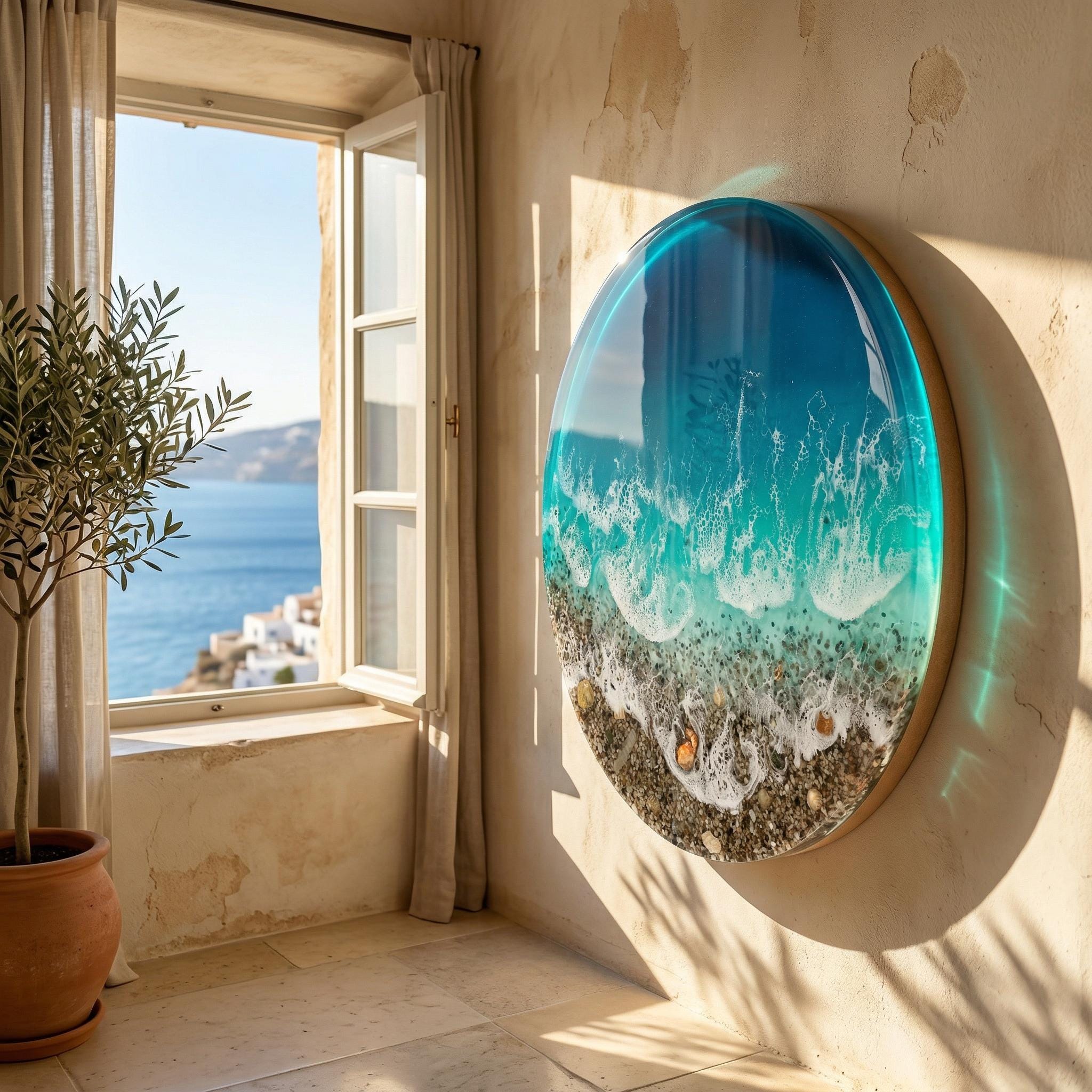 XL 3D Ocean Resin Wall Art with Real Pebbles | Large Statement Coastal Artwork | Luxury Round Beach Resin Wall Decor | Handmade Ocean Art