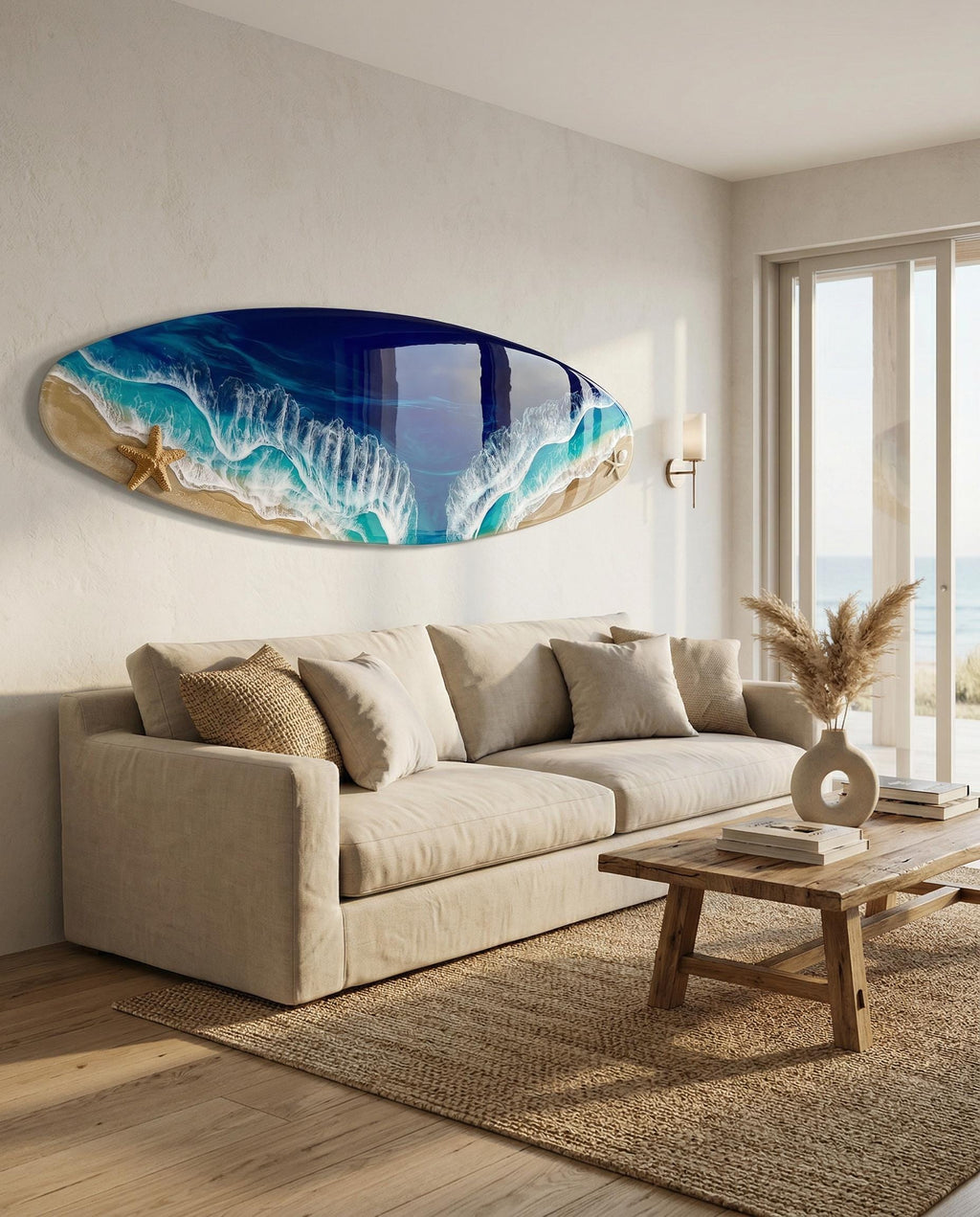 Extra Wide Resin Surfboard Wall Art | 150 cm Ocean Wave Decor | Real Coral Sand & Starfish | Handmade Coastal Resin Art on Solid Pinewood
