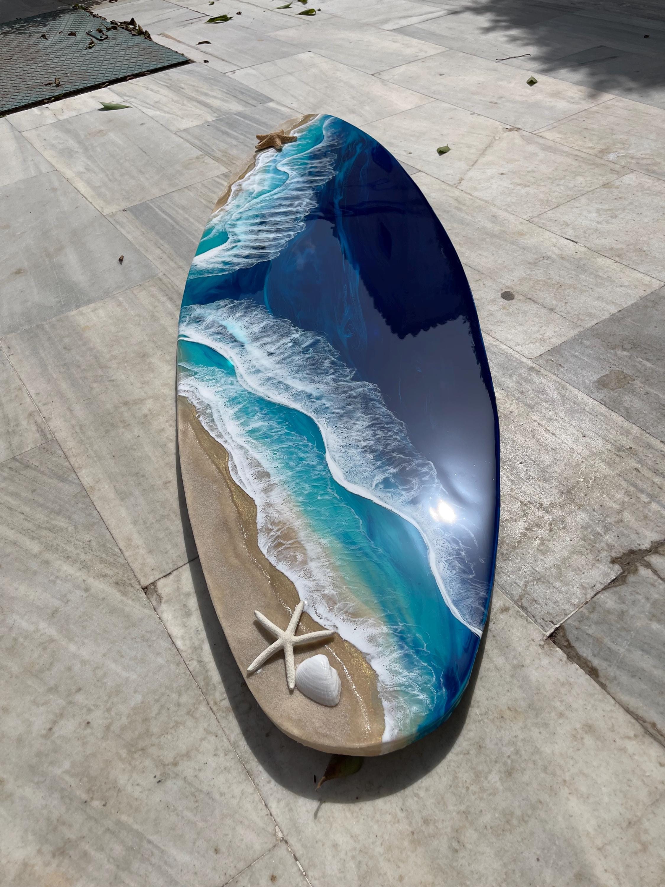 Extra Wide Resin Surfboard Wall Art | 150 cm Ocean Wave Decor | Real Coral Sand & Starfish | Handmade Coastal Resin Art on Solid Pinewood