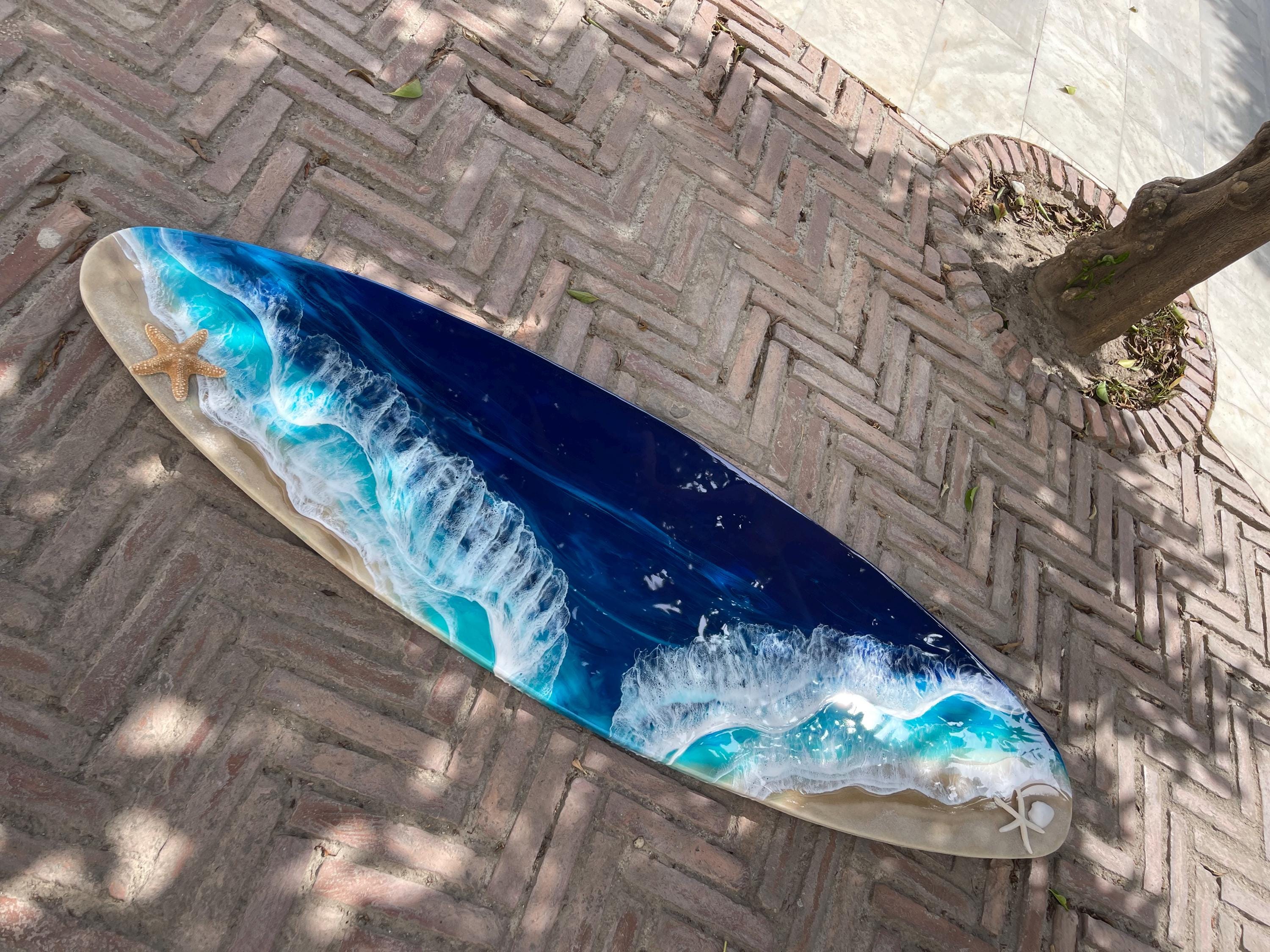Extra Wide Resin Surfboard Wall Art | 150 cm Ocean Wave Decor | Real Coral Sand & Starfish | Handmade Coastal Resin Art on Solid Pinewood
