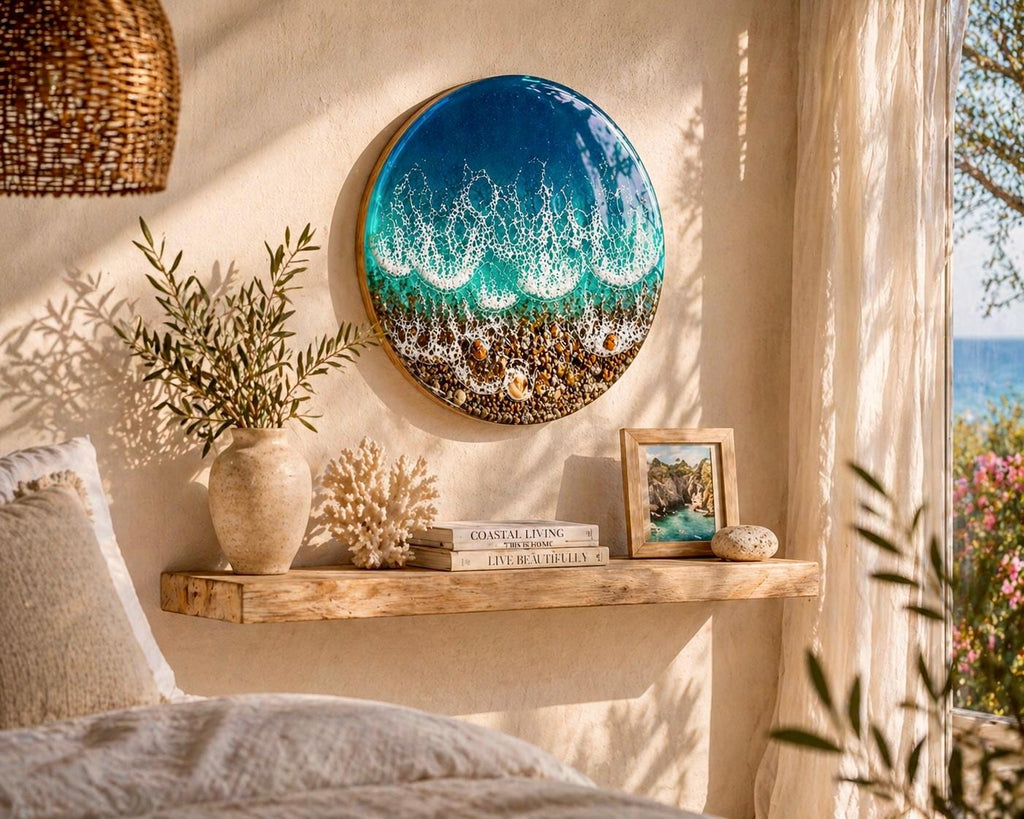 Round Ocean Resin Wall Art 50cm | 3D Sea Wall Decor with Pebbles | Handmade Coastal Artwork | Statement Beach Wall Art