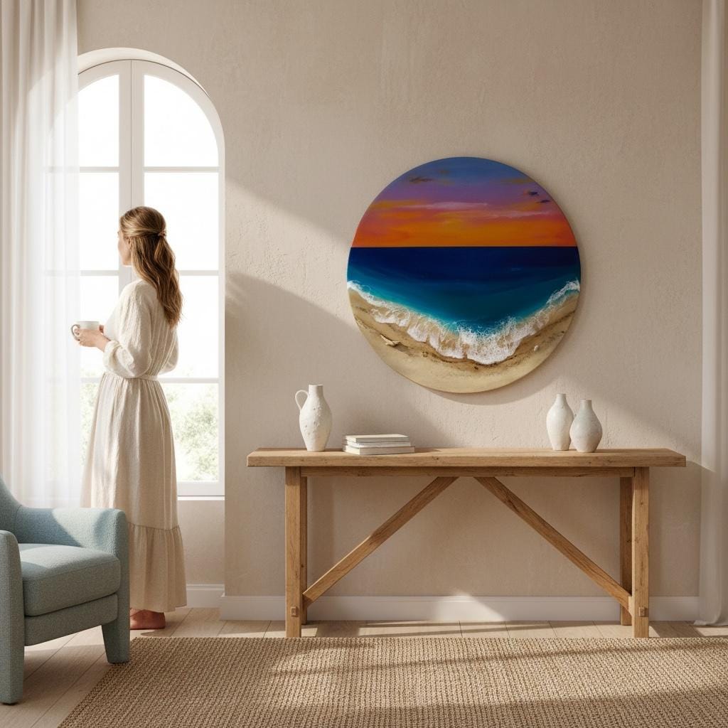 Sunset Ocean Resin Wall Art Round – 3D Coastal Beach Painting – Handmade Epoxy Wave – Statement Wall Decor 50CM