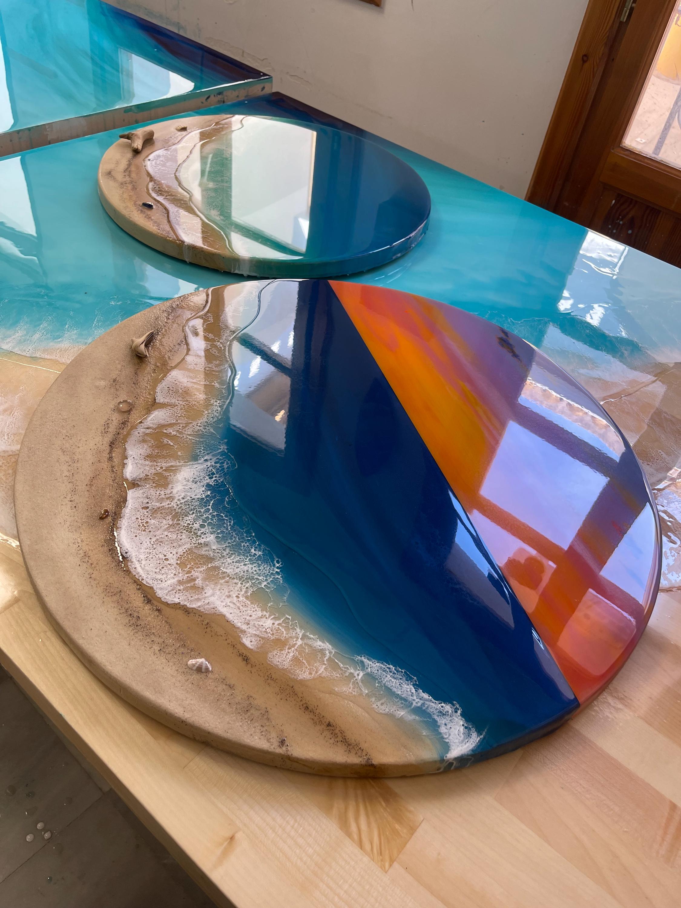 Extra Large Sunset Ocean Resin Wall Art – Hand Painted Sky & Epoxy Waves – XL Round Coastal Statement Piece – Luxury Beach House Decor