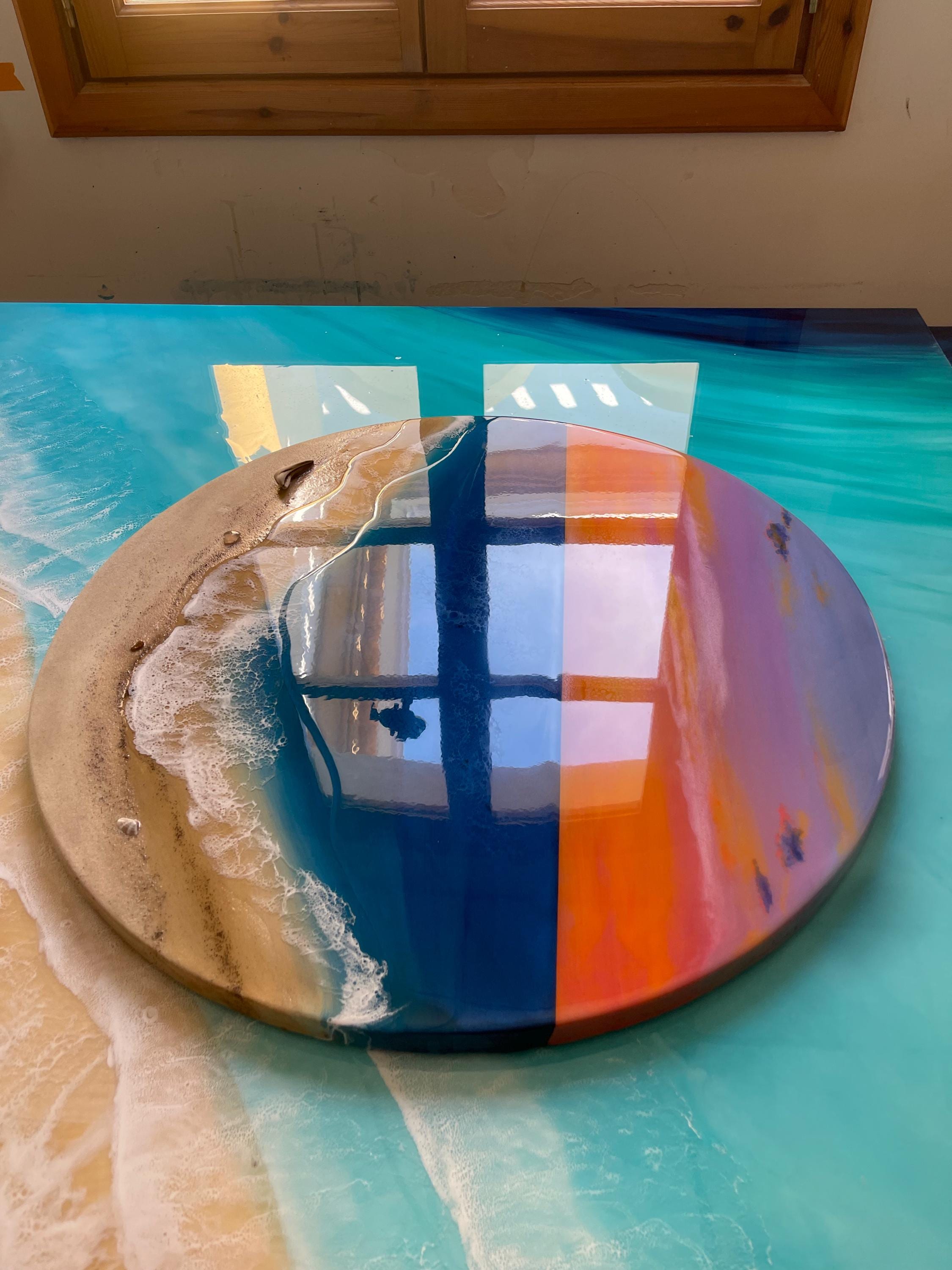 Extra Large Sunset Ocean Resin Wall Art – Hand Painted Sky & Epoxy Waves – XL Round Coastal Statement Piece – Luxury Beach House Decor