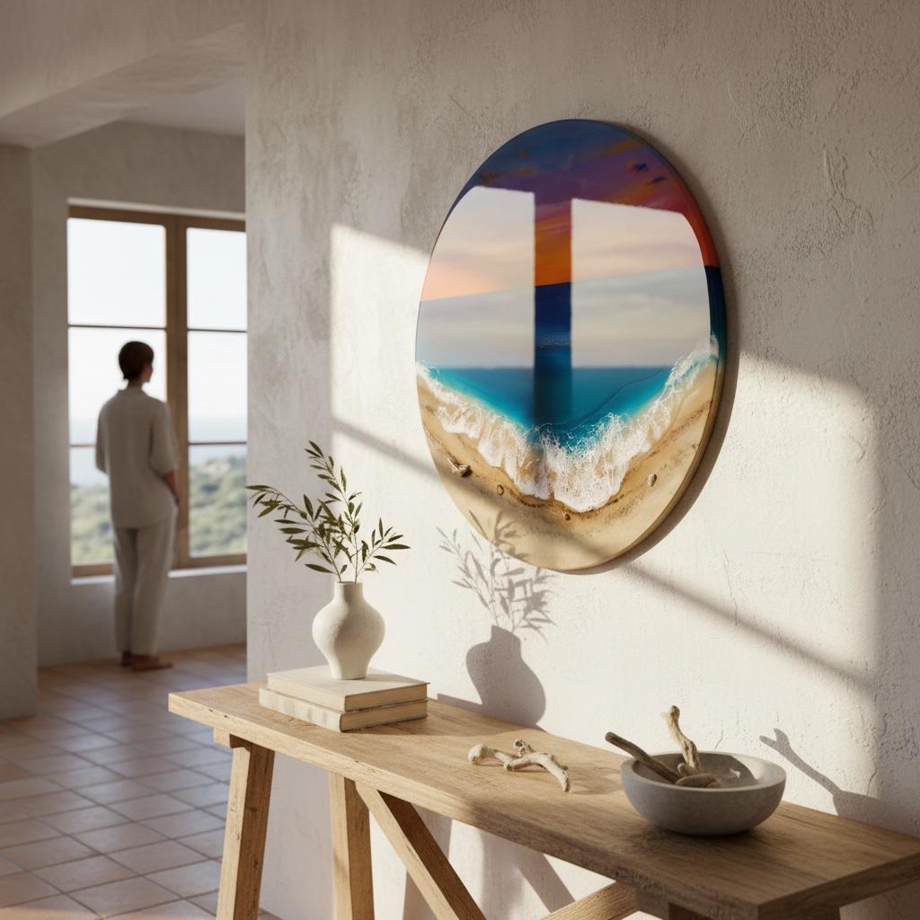 Extra Large Sunset Ocean Resin Wall Art – Hand Painted Sky & Epoxy Waves – XL Round Coastal Statement Piece – Luxury Beach House Decor