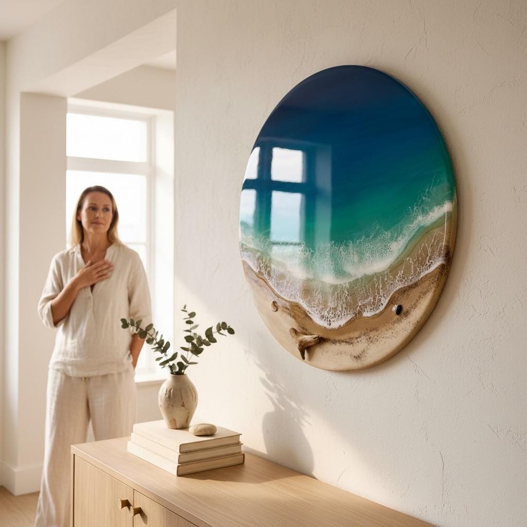 Resin Ocean Wall Art – Round Epoxy Wave Painting – 3D Beach Resin Art – Coastal Home Decor – Ocean Round Wall Art – Handmade Sea Gift