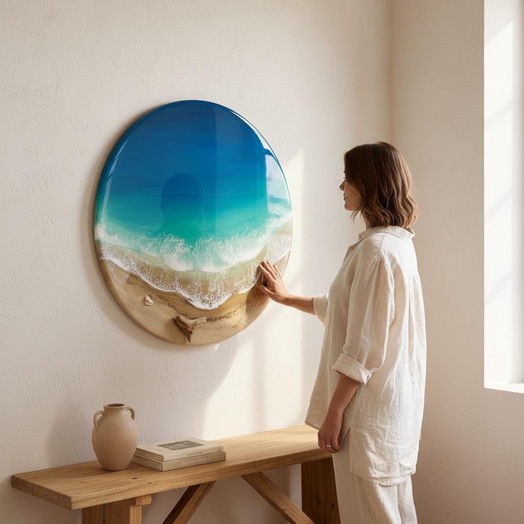 Resin Ocean Wall Art – Round Epoxy Wave Painting – 3D Beach Resin Art – Coastal Home Decor – Ocean Round Wall Art – Handmade Sea Gift