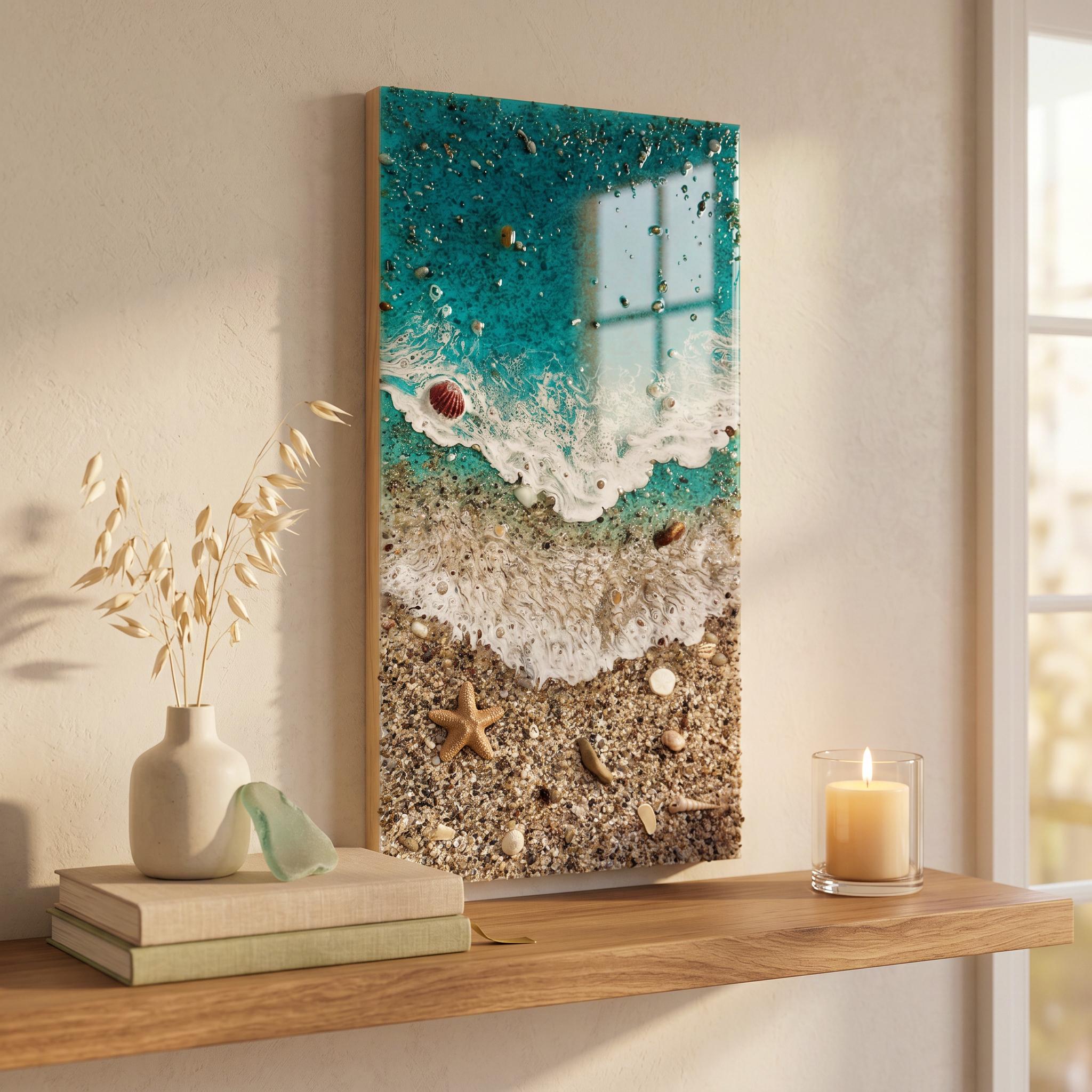 Playa de los Muertos Resin Ocean Art – Real Sand & Shell Beach Wall Art – Large Handmade Coastal Artwork – Textured Epoxy Sea Painting