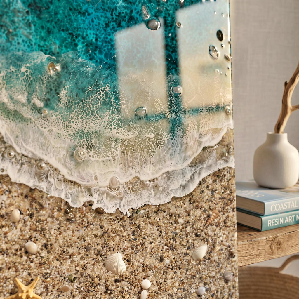 Playa de los Muertos Resin Ocean Art – Real Sand & Shell Beach Wall Art – Handmade Coastal Artwork – Textured Epoxy Sea Painting