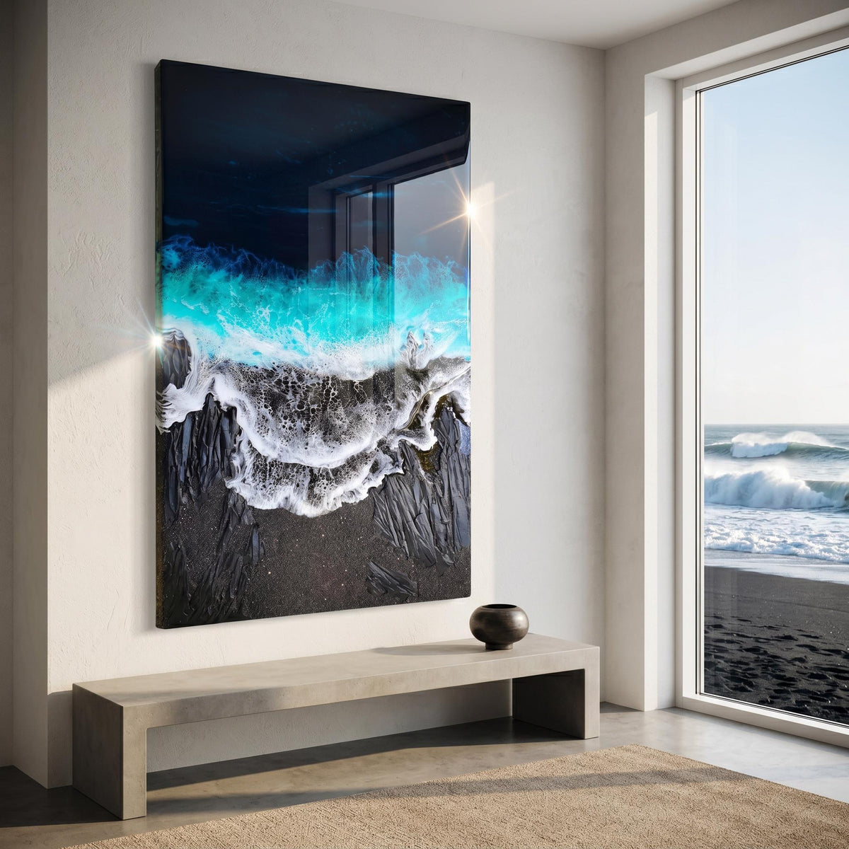 Medium Black Sand Ocean Resin Art – Dramatic Wave Wall Art – Modern Coastal Painting – Textured Epoxy Ocean Artwork – Large Statement Art