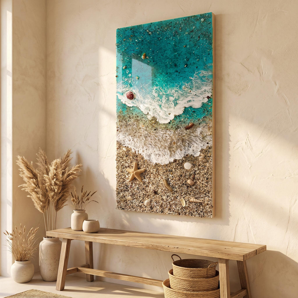 Playa de los Muertos Resin Ocean Art – Real Sand & Shell Beach Wall Art – Large Handmade Coastal Artwork – Textured Epoxy Sea Painting