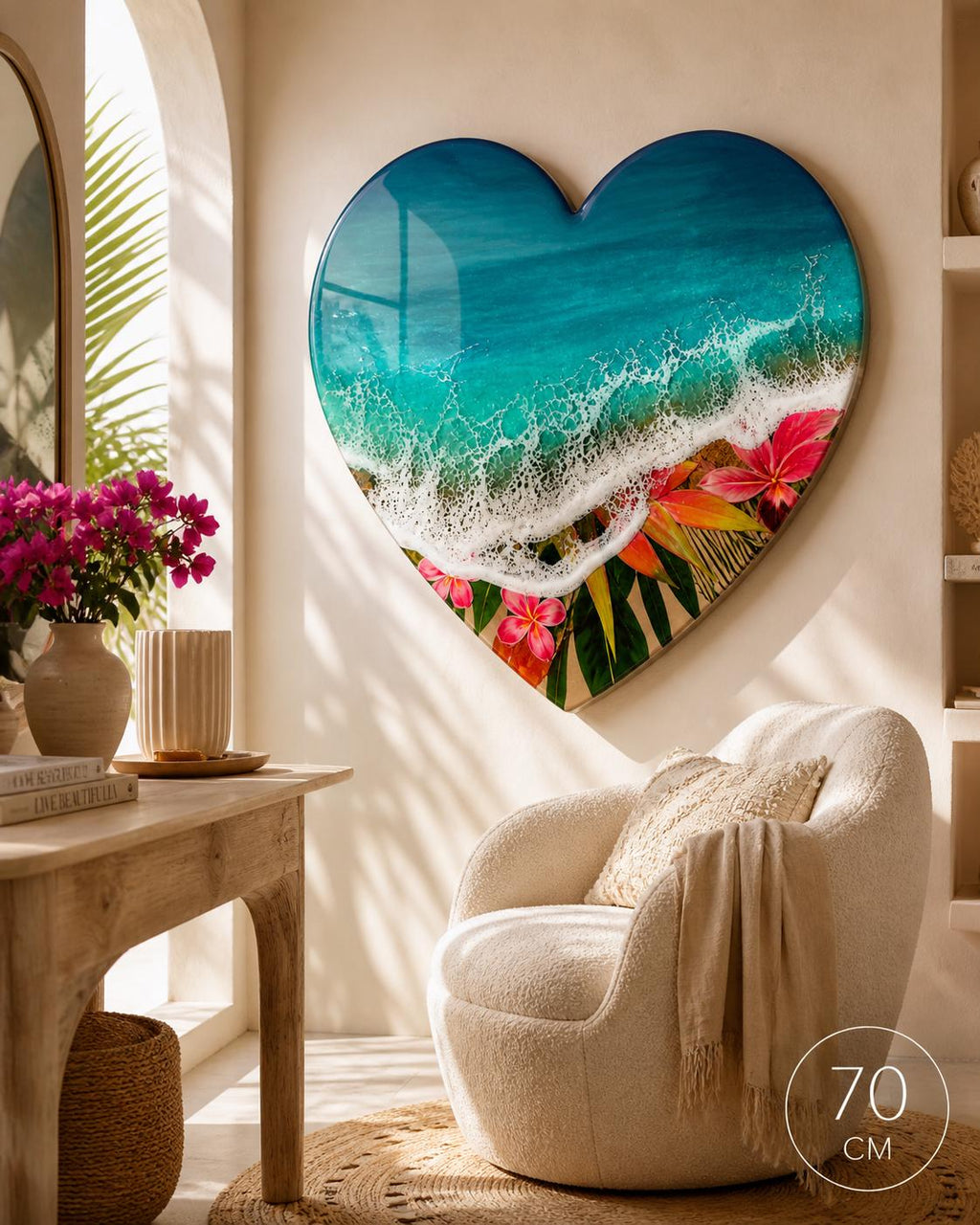 Large Resin Ocean Wall Art 70cm | Tropical Beach Heart Painting | Coastal Decor | Handmade Sea Wave Art | Luxury Statement Wall Piece