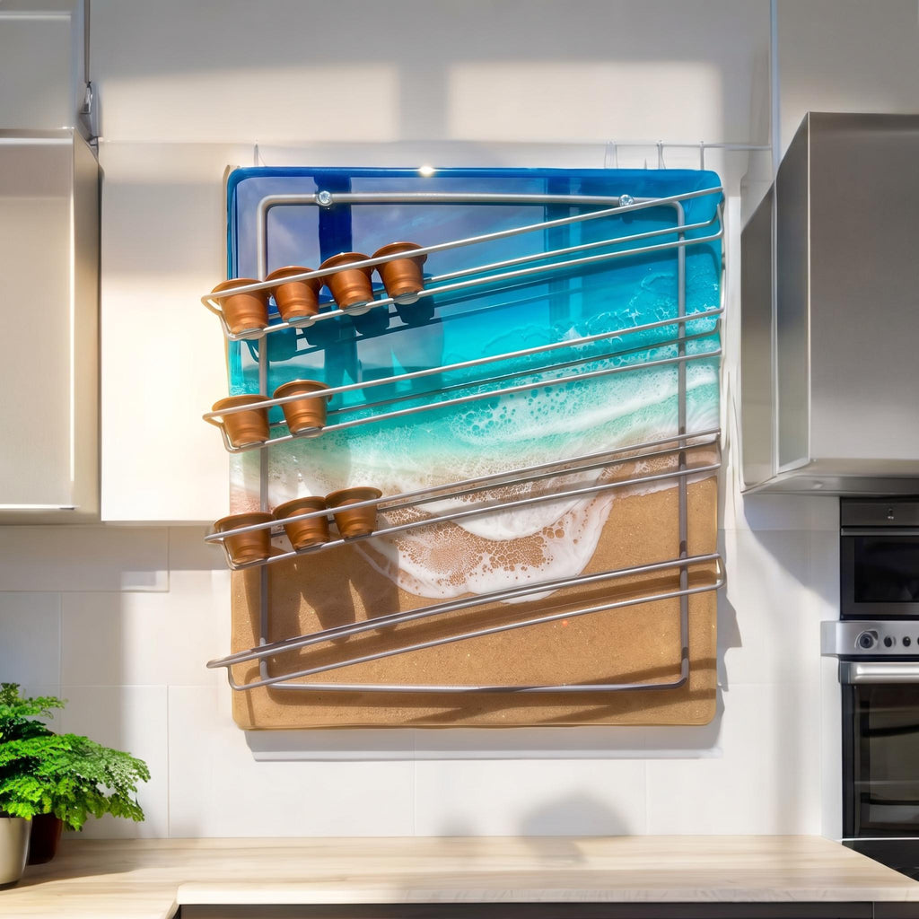 Luxury Resin Coffee Pod Holder | Ocean Wave Capsule Rack | Coastal Kitchen Wall Decor | Handmade Beach Art Storage | Functional Art