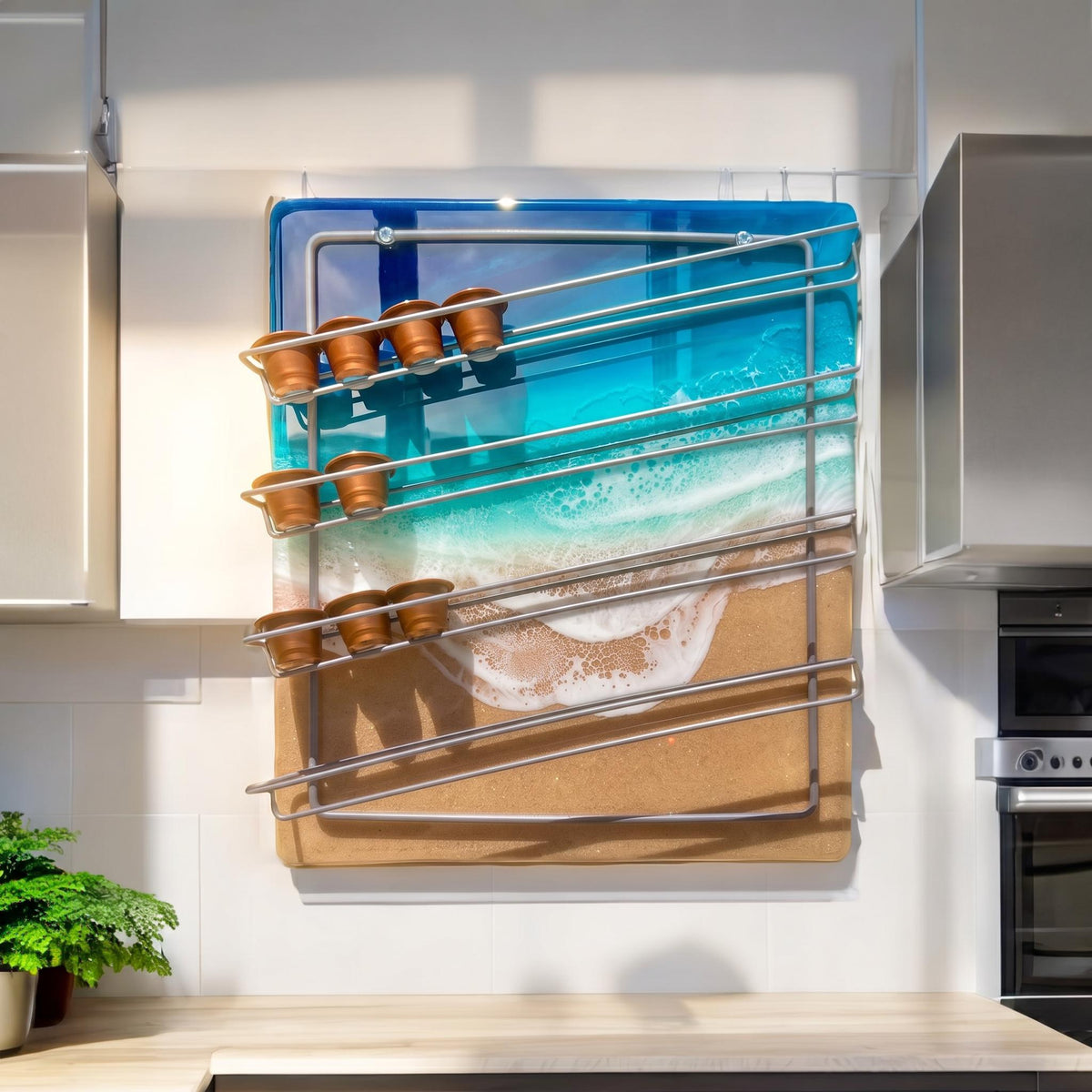 Luxury Resin Coffee Pod Holder | Ocean Wave Capsule Rack | Coastal Kitchen Wall Decor | Handmade Beach Art Storage | Functional Art