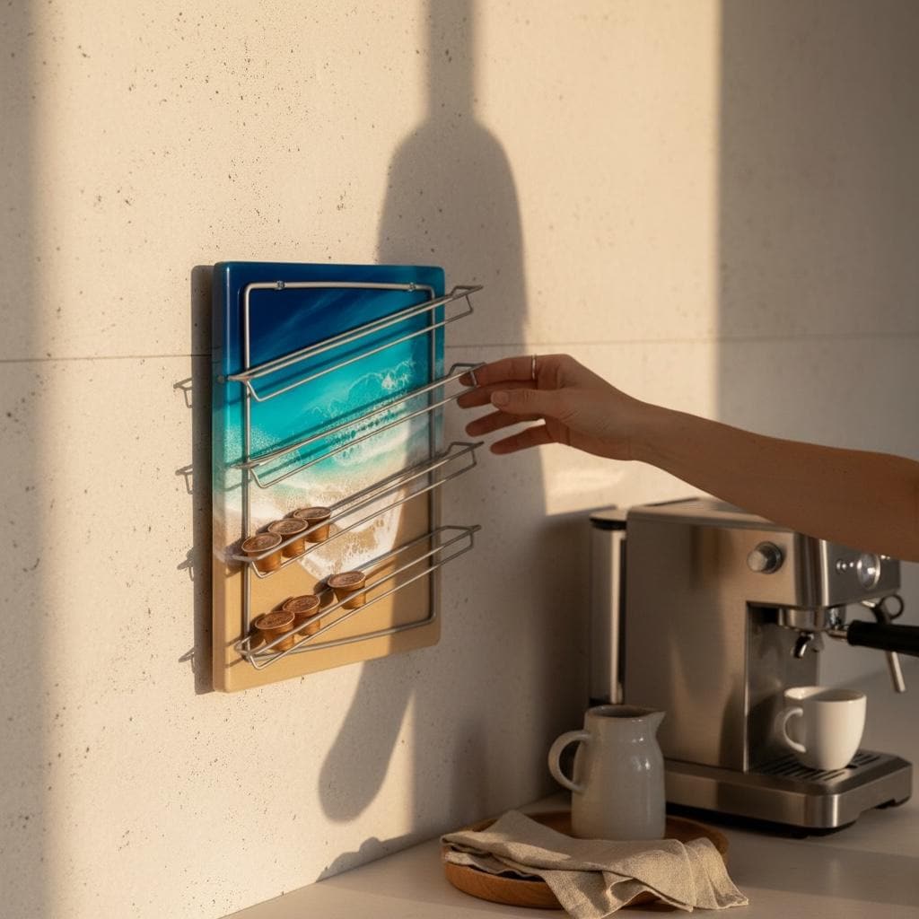 Luxury Resin Coffee Pod Holder | Ocean Wave Capsule Rack | Coastal Kitchen Wall Decor | Handmade Beach Art Storage | Functional Art