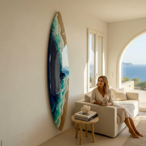 120cm Resin Ocean Surfboard Wall Art | Luxury Coastal Wall Decor | Handmade Beach House Artwork | Real Sand & Resin Waves | Made in Spain