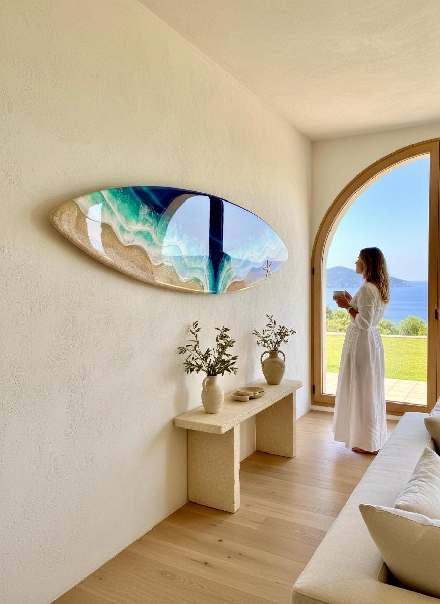 120cm Resin Ocean Surfboard Wall Art | Luxury Coastal Wall Decor | Handmade Beach House Artwork | Real Sand & Resin Waves | Made in Spain