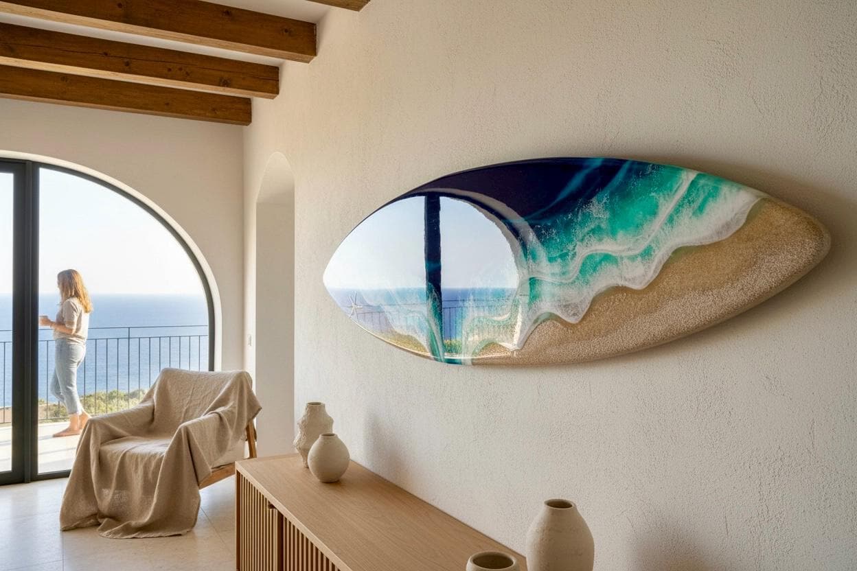 100cm Resin Ocean Surfboard Wall Art | Luxury Coastal Wall Decor | Handmade Beach House Artwork | Real Sand & Resin Waves | Made in Spain