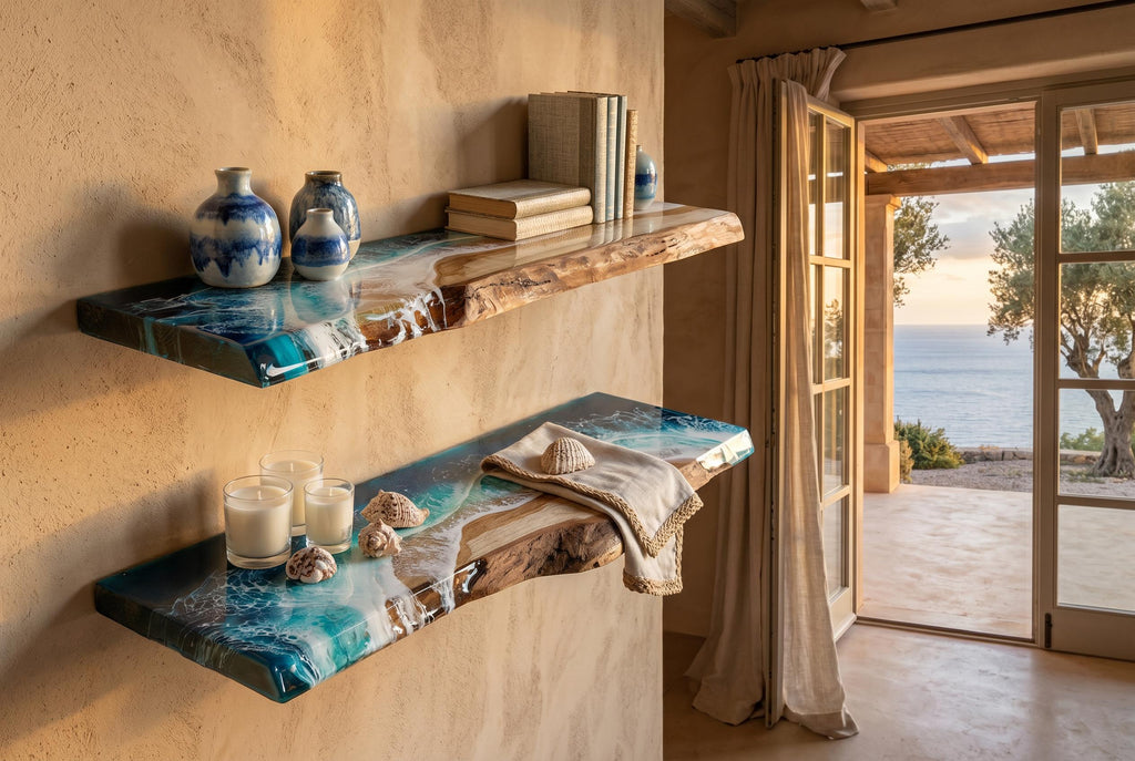 Luxury Ocean Floating Shelves Set of 2 (60cm Each) | Handmade Resin Coastal Wall Decor | Rustic Oak Beach House Shelves