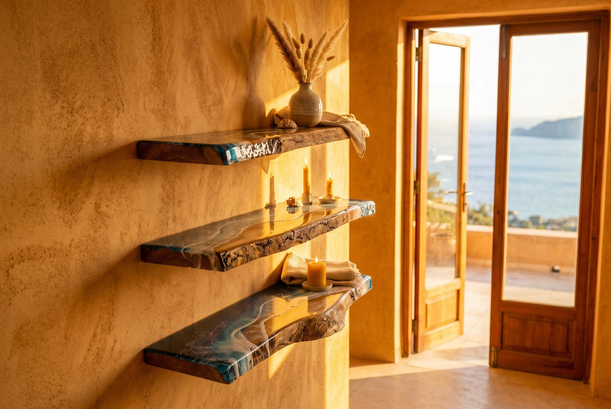 Luxury Ocean Floating Shelves Set of 3 (60cm Each) | Handmade Resin Coastal Wall Decor | Rustic Oak Beach House Shelves
