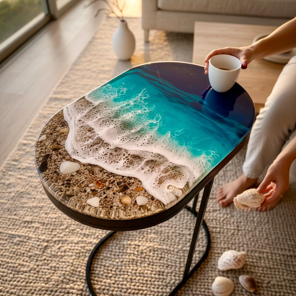 Handmade Resin Ocean Side Table – 3D Coastal Art Table, Epoxy Wave Table, Beach House Decor, Luxury Ocean Furniture, Unique Statement Piece