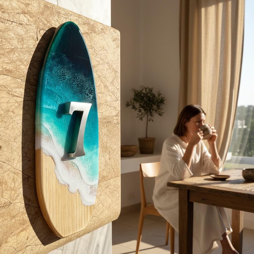 Vertical House Number Sign – Coastal Resin Address Plaque – Modern Ocean Door Numbers – Minimal Outdoor House Sign – Handmade Decor