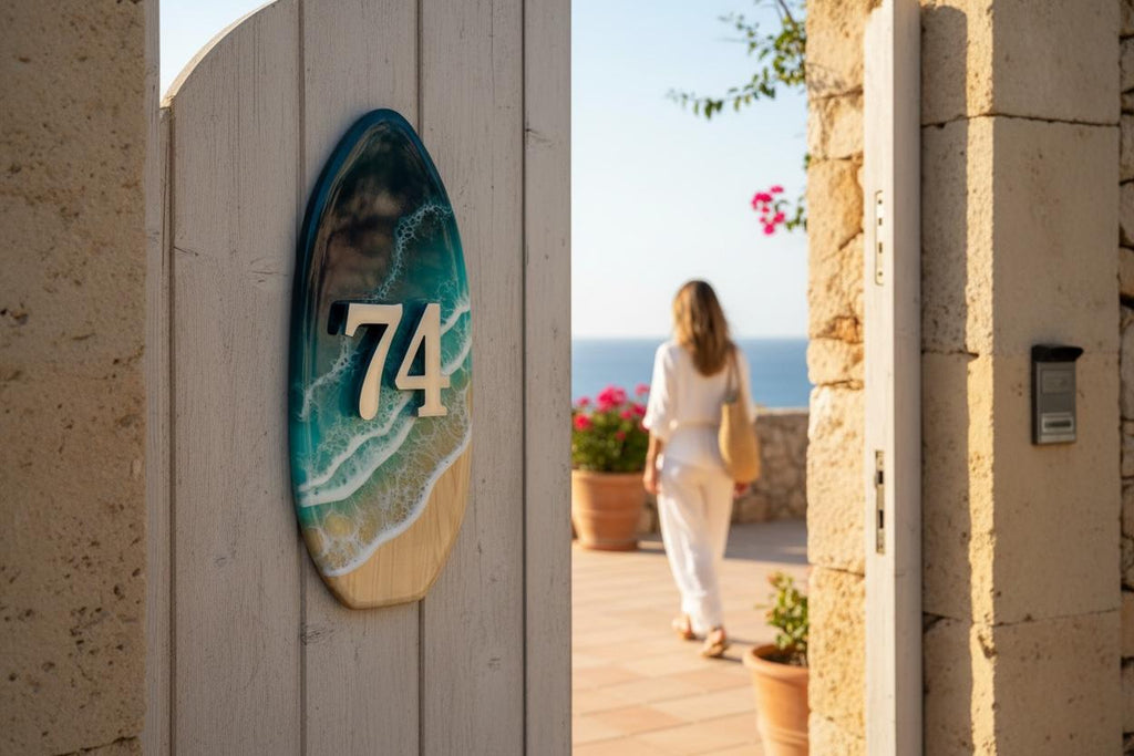 Vertical House Number Sign – Coastal Resin Address Plaque – Modern Ocean Door Numbers – Minimal Outdoor House Sign – Handmade Decor