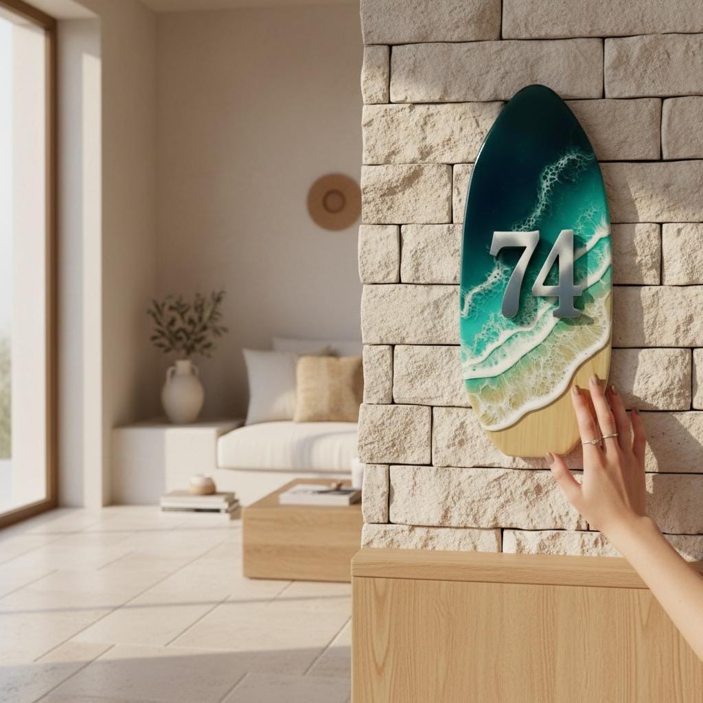 Vertical House Number Sign – Coastal Resin Address Plaque – Modern Ocean Door Numbers – Minimal Outdoor House Sign – Handmade Decor