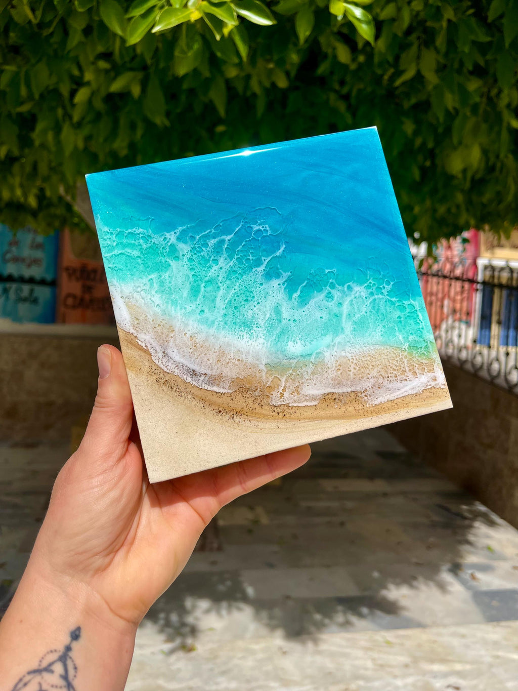 Handmade Resin Ocean Wall Art Block | Luxury Coastal Beach Decor | Mediterranean Villa Style Mini Ocean Artwork | 15x15cm Resin Art