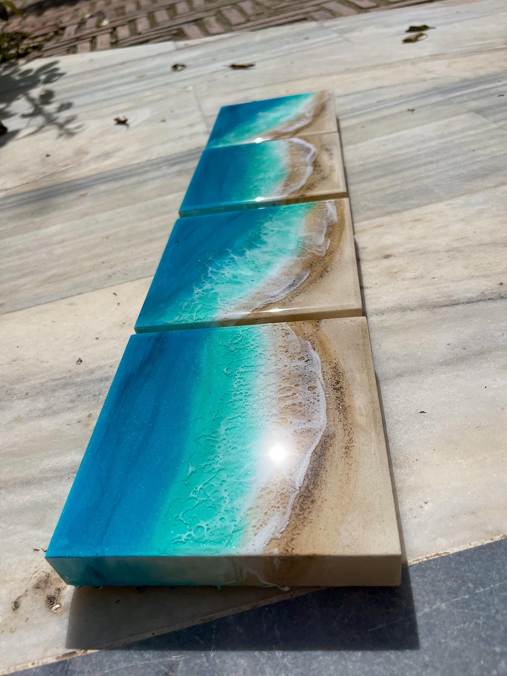 Handmade Resin Ocean Wall Art Block | Luxury Coastal Beach Decor | Mediterranean Villa Style Mini Ocean Artwork | 15x15cm Resin Art