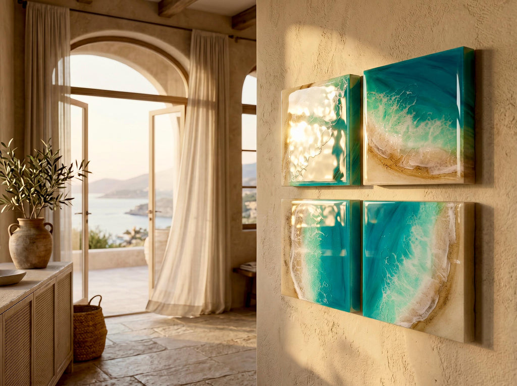 Set of 4 Resin Ocean Wall Art Blocks | Luxury Coastal Wall Decor | Mediterranean Beach Villa Art | Modular Ocean Resin Artwork Set