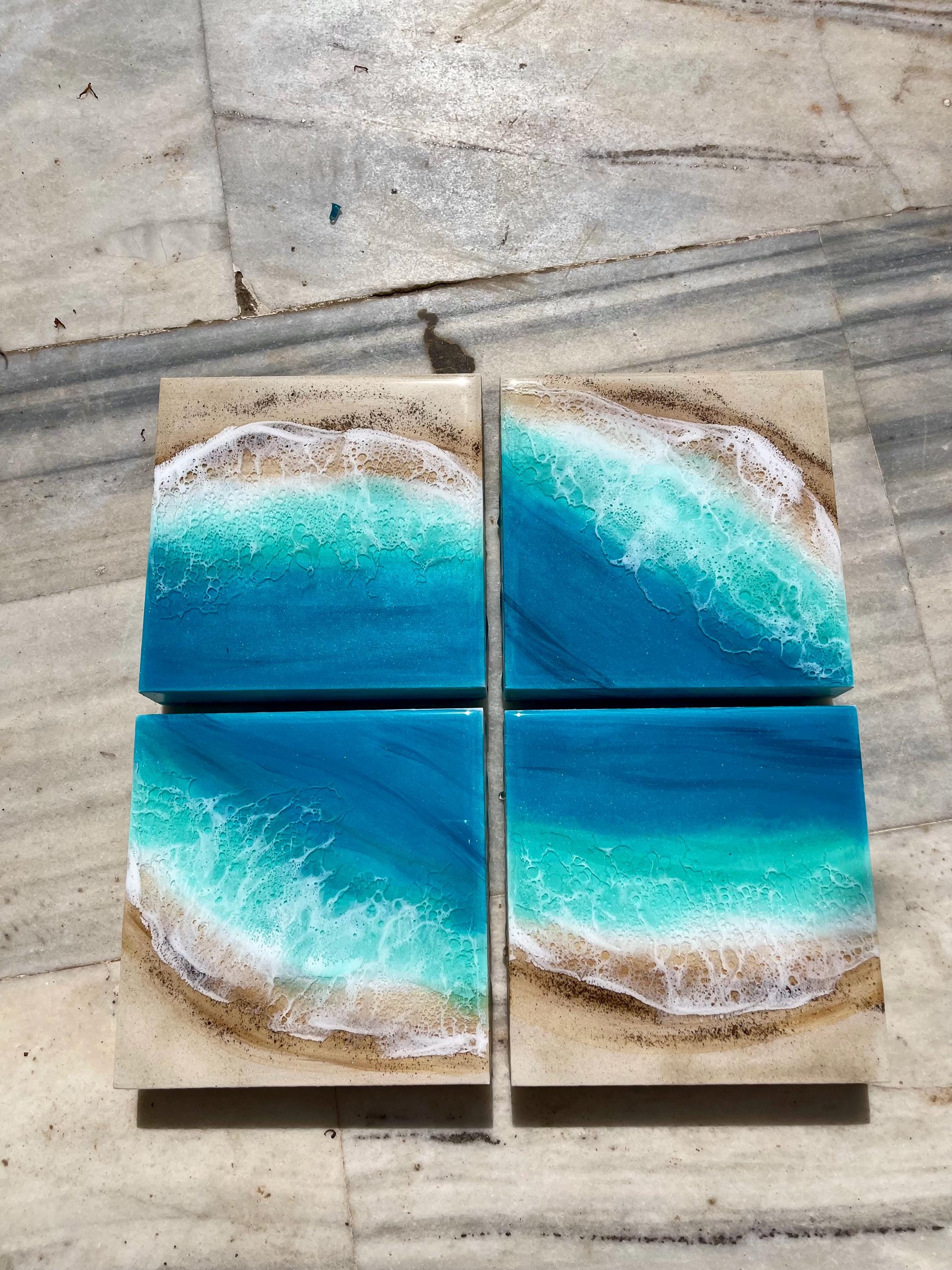 Set of 4 Resin Ocean Wall Art Blocks | Luxury Coastal Wall Decor | Mediterranean Beach Villa Art | Modular Ocean Resin Artwork Set