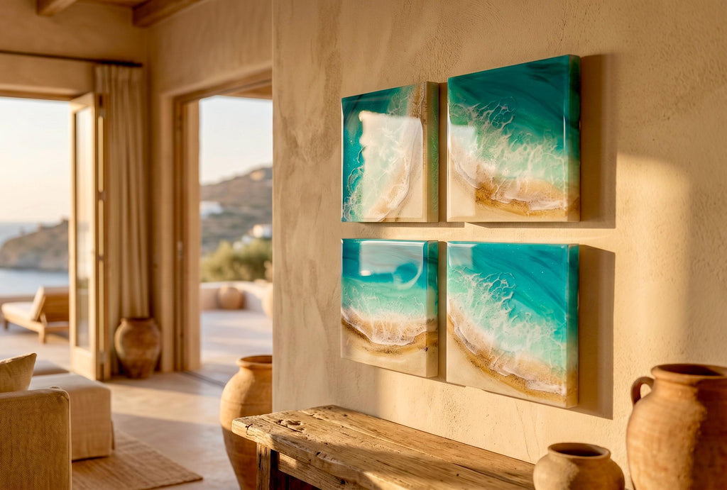 Set of 4 Resin Ocean Wall Art Blocks | Luxury Coastal Wall Decor | Mediterranean Beach Villa Art | Modular Ocean Resin Artwork Set