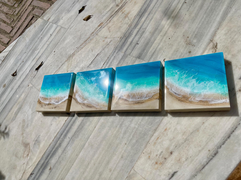 Set of 4 Resin Ocean Wall Art Blocks | Luxury Coastal Wall Decor | Mediterranean Beach Villa Art | Modular Ocean Resin Artwork Set