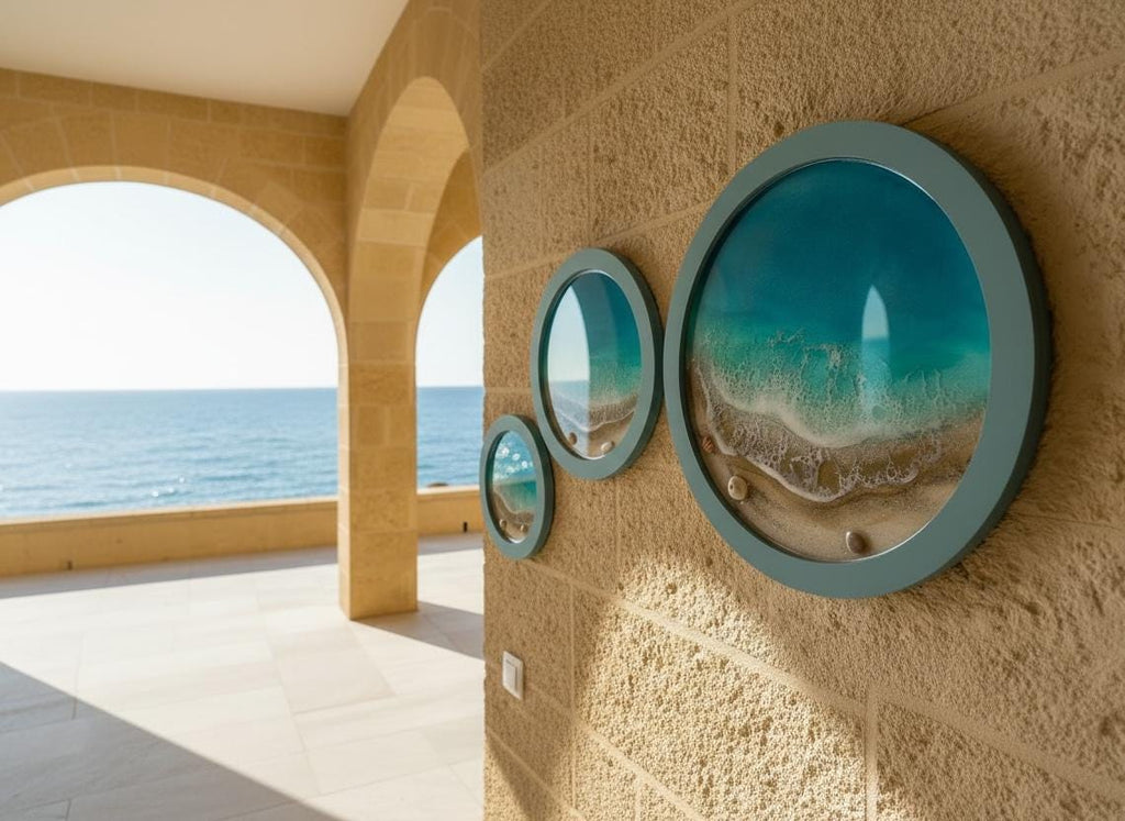 Resin Ocean Wall Art Set of 3 Round Coastal Decor | Beach House Wall Hanging | Luxury Sea Inspired Artwork | Handmade Resin Art
