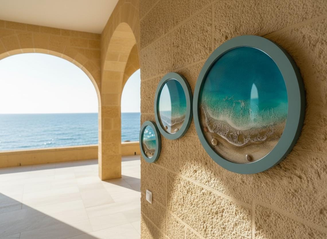 Resin Ocean Wall Art Set of 3 Round Coastal Decor | Beach House Wall Hanging | Luxury Sea Inspired Artwork | Handmade Resin Art