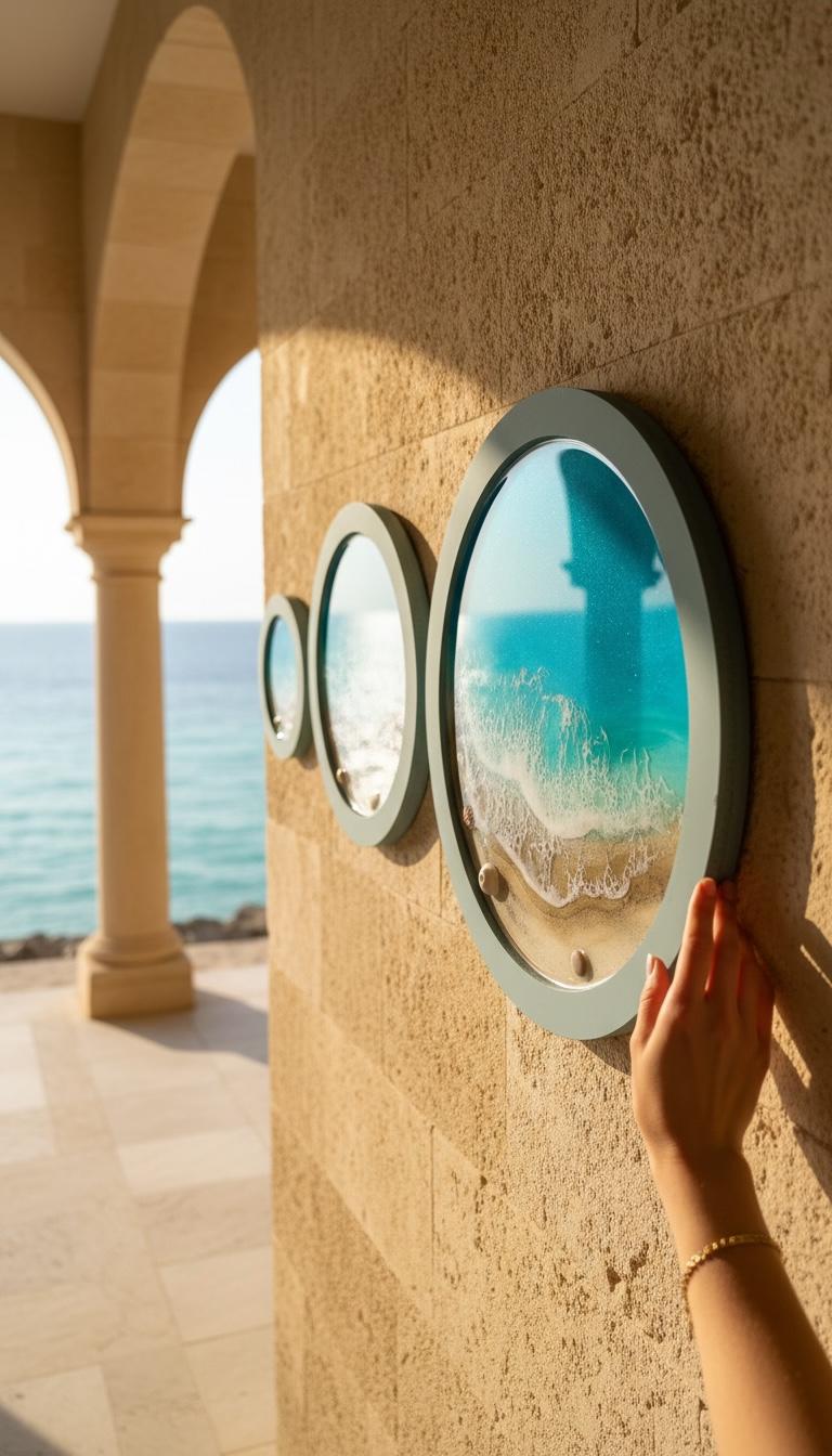 Resin Ocean Wall Art Set of 3 Round Coastal Decor | Beach House Wall Hanging | Luxury Sea Inspired Artwork | Handmade Resin Art