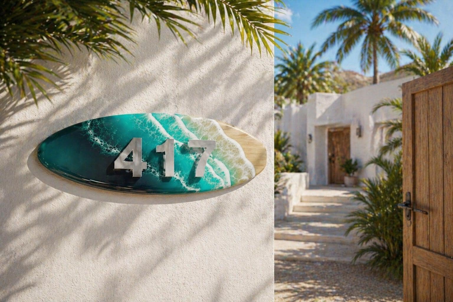 Coastal House Number Sign – Resin Ocean Address Plaque – Modern Beach House Sign – Horizontal Surfboard House Numbers – Luxury Outdoor Decor
