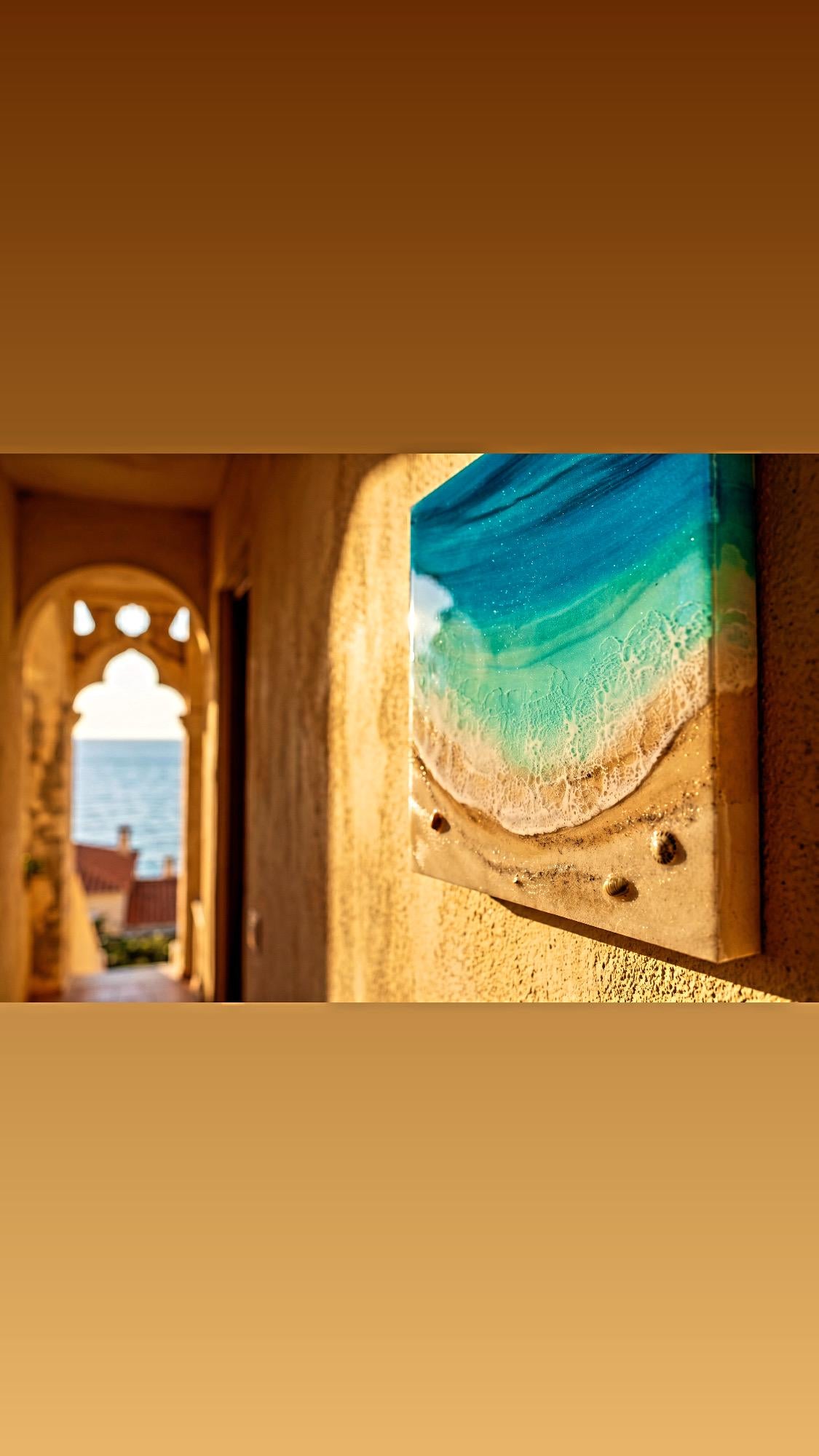 Luxury Resin Ocean Wall Art 30x30 cm | Handmade Coastal Beach Artwork | Modern Mediterranean Decor | Turquoise Resin Painting
