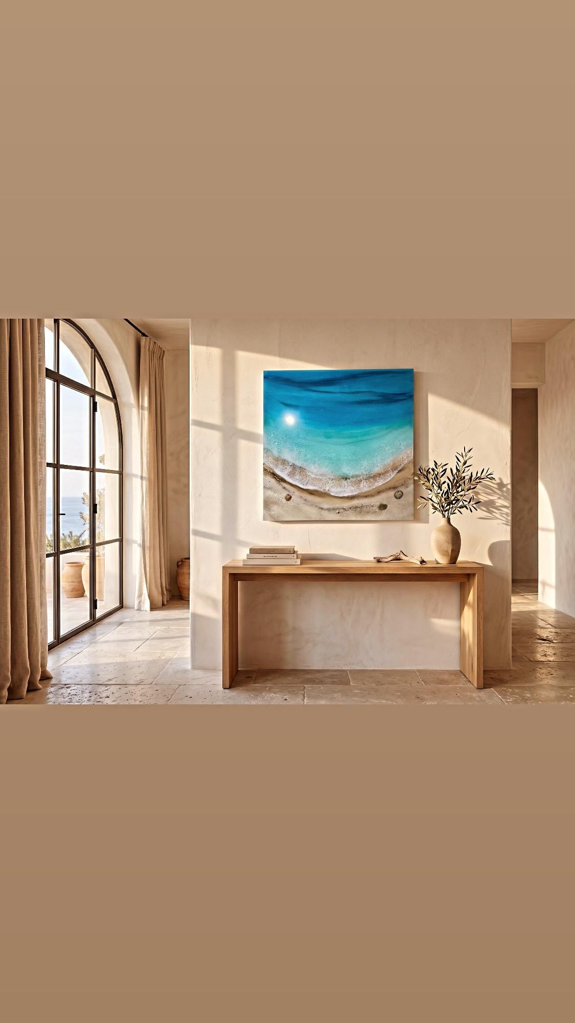 Luxury Resin Ocean Wall Art 30x30 cm | Handmade Coastal Beach Artwork | Modern Mediterranean Decor | Turquoise Resin Painting