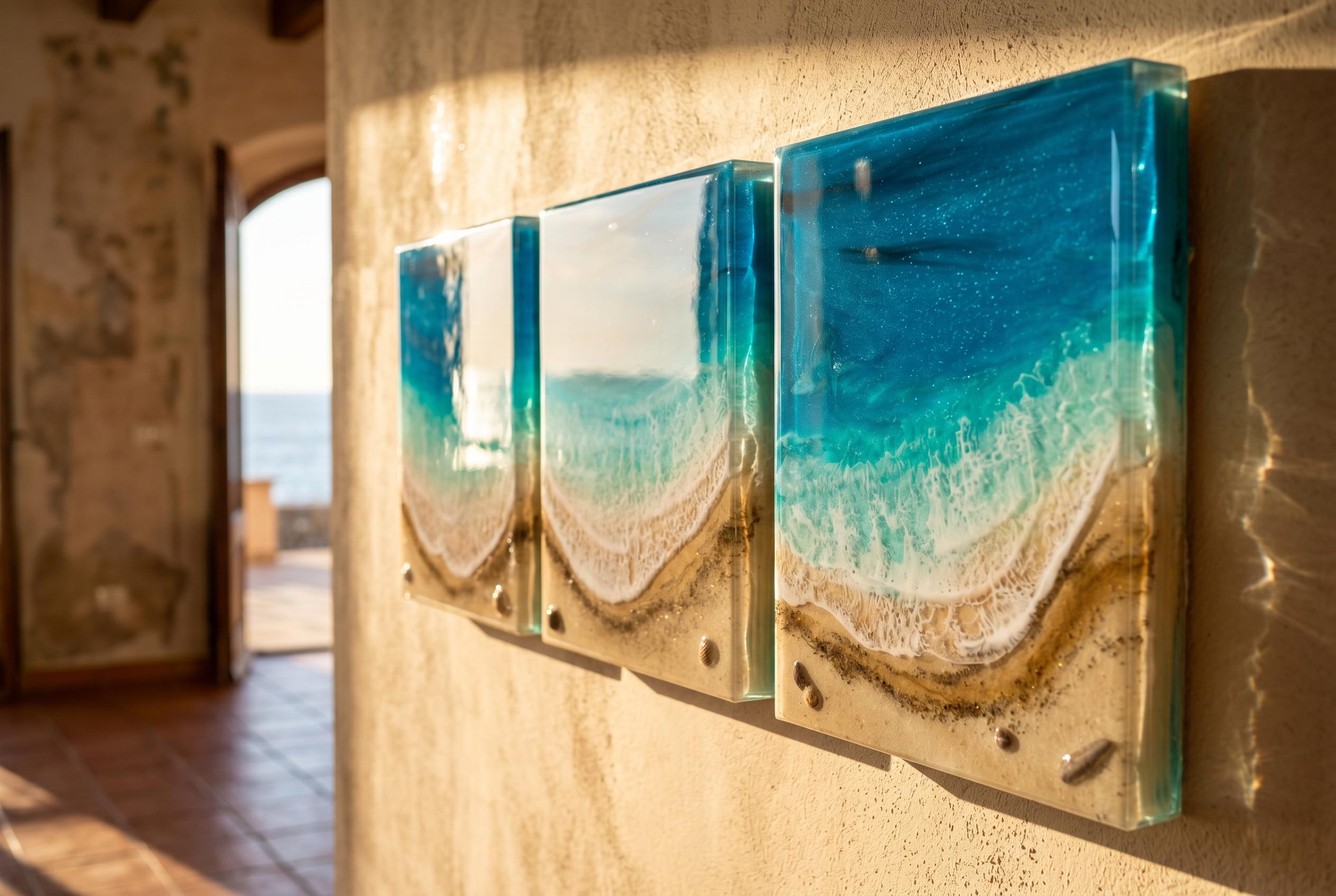Luxury Resin Ocean Triptych Wall Art | Handmade Coastal Panel Set | Mediterranean Beach Decor | Modern Resin Artwork