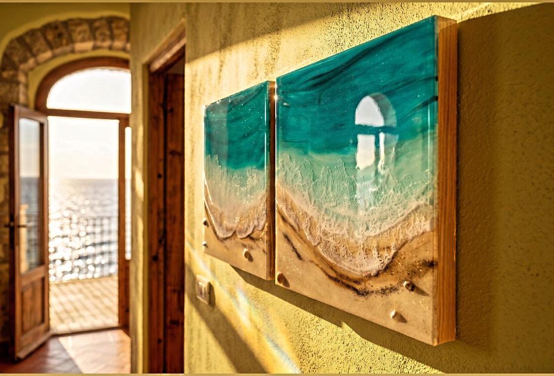 Resin Ocean Diptych Wall Art | Handmade Coastal Beach Panels Set | Luxury Mediterranean Decor | Turquoise Resin Artwork