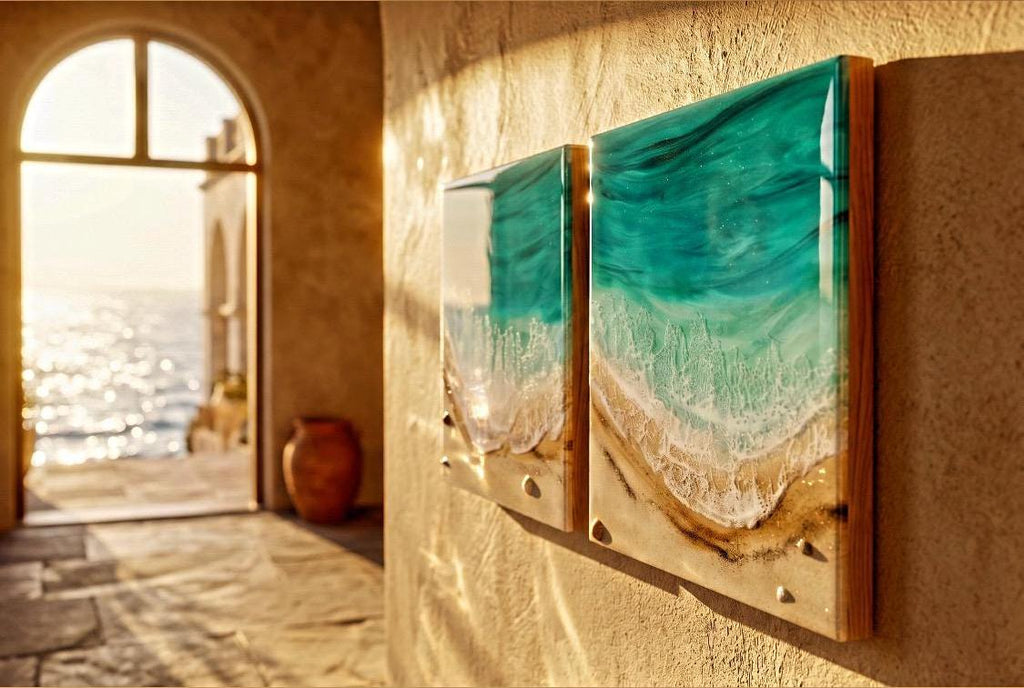 Resin Ocean Diptych Wall Art | Handmade Coastal Beach Panels Set | Luxury Mediterranean Decor | Turquoise Resin Artwork