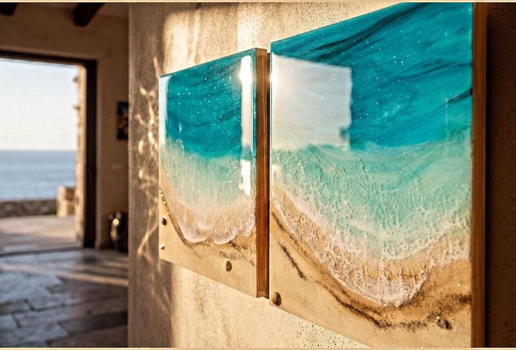 Resin Ocean Diptych Wall Art | Handmade Coastal Beach Panels Set | Luxury Mediterranean Decor | Turquoise Resin Artwork