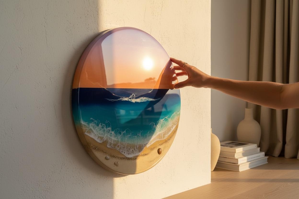 Small Sunset Ocean Resin Wall Art Round – Handmade Coastal Decor – 3D Beach Artwork – Epoxy Wave Gift 40CM