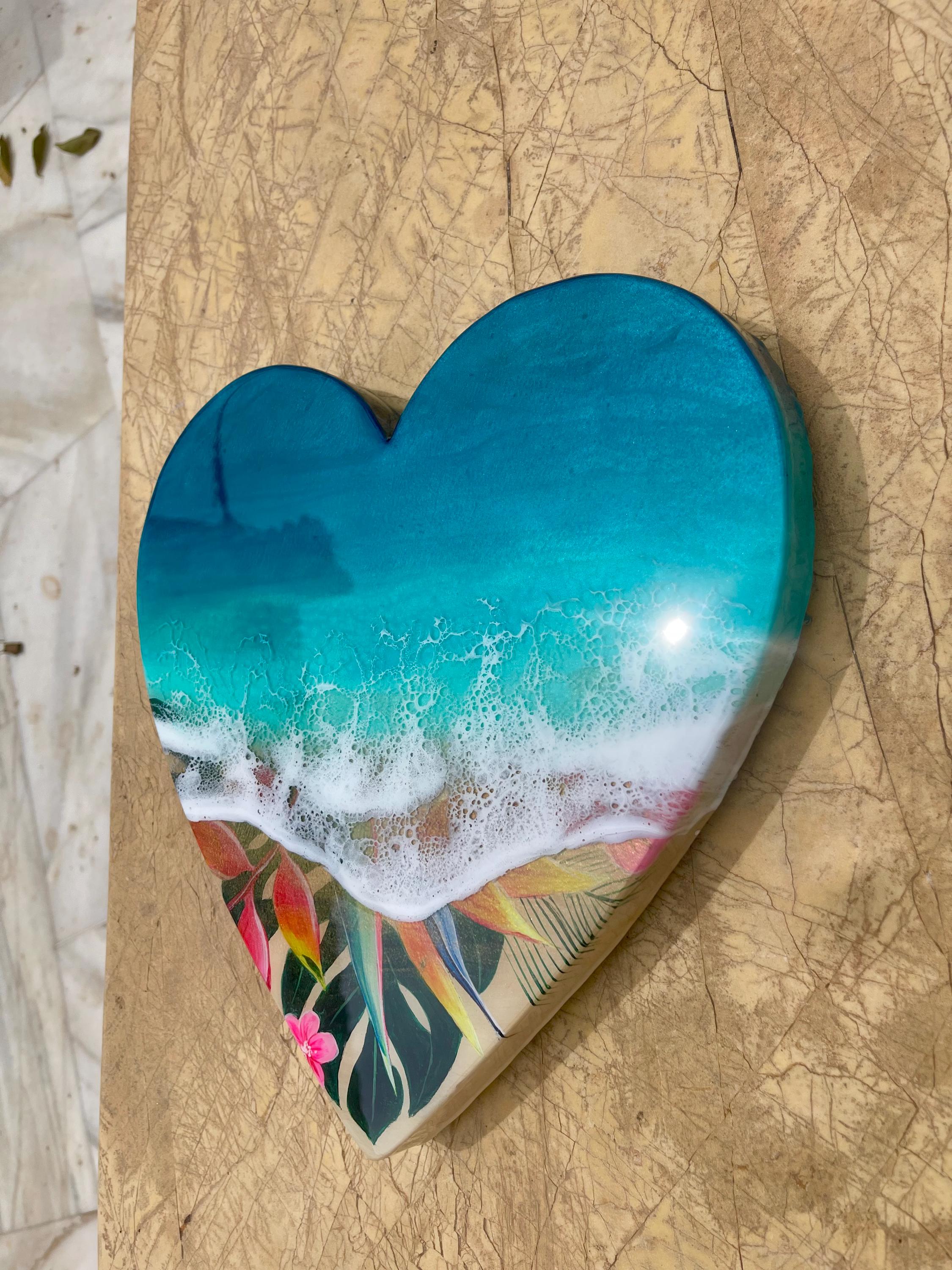 Small Resin Ocean Wall Art 30cm | Heart Beach Decor | Tropical Coastal Gift | Handmade Resin Sea Art | Unique Wall Hanging